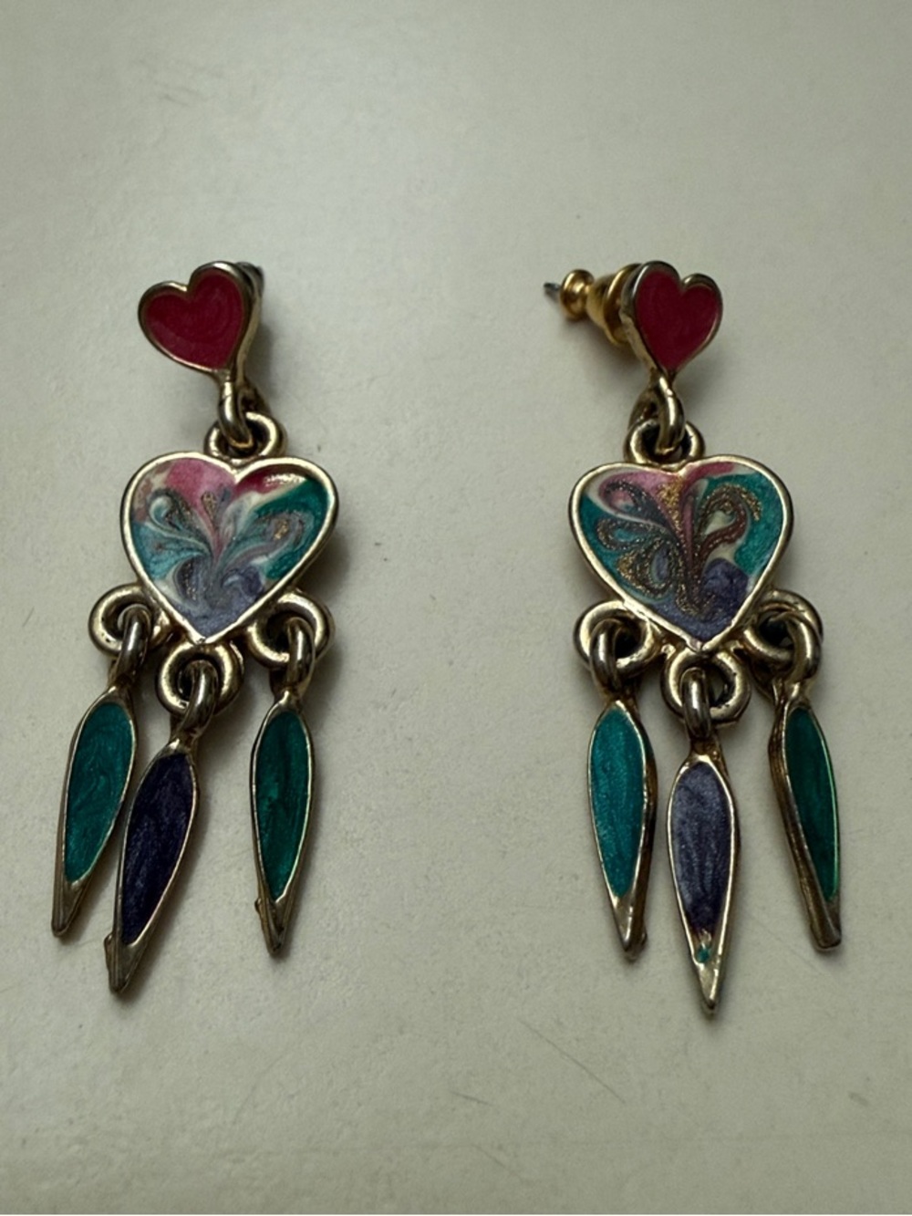 Vintage Enamel Heart Chandelier Dangle Earrings Teal & Pink